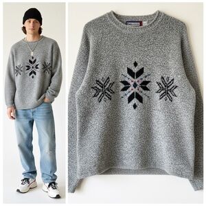 90s Revival Vintage Gray Wool Blend Sweater Snowflake Nordic Ski Cabincore XL